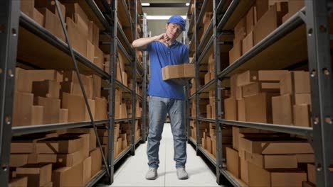 full body of unsatisfied asian male courier in blue uniform showing thumbs down gesture while delivering a carton in warehouse