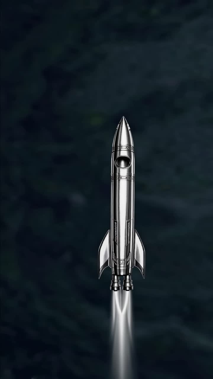 A vintage-style rocket launches into space, captured from a low-angle shot, emphasizing its ascent
