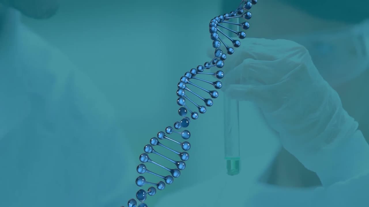 animación de la estructura de la molécula giratoria sobre diversos científicos que ponen líquido en un tubo de ensayo