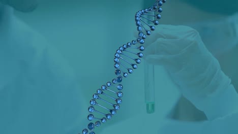 animación de la estructura de la molécula giratoria sobre diversos científicos que ponen líquido en un tubo de ensayo