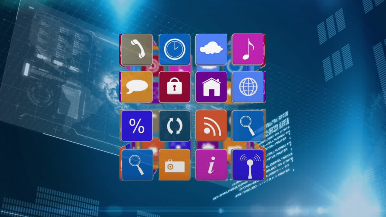 iconos de internet con símbolos en un cubo