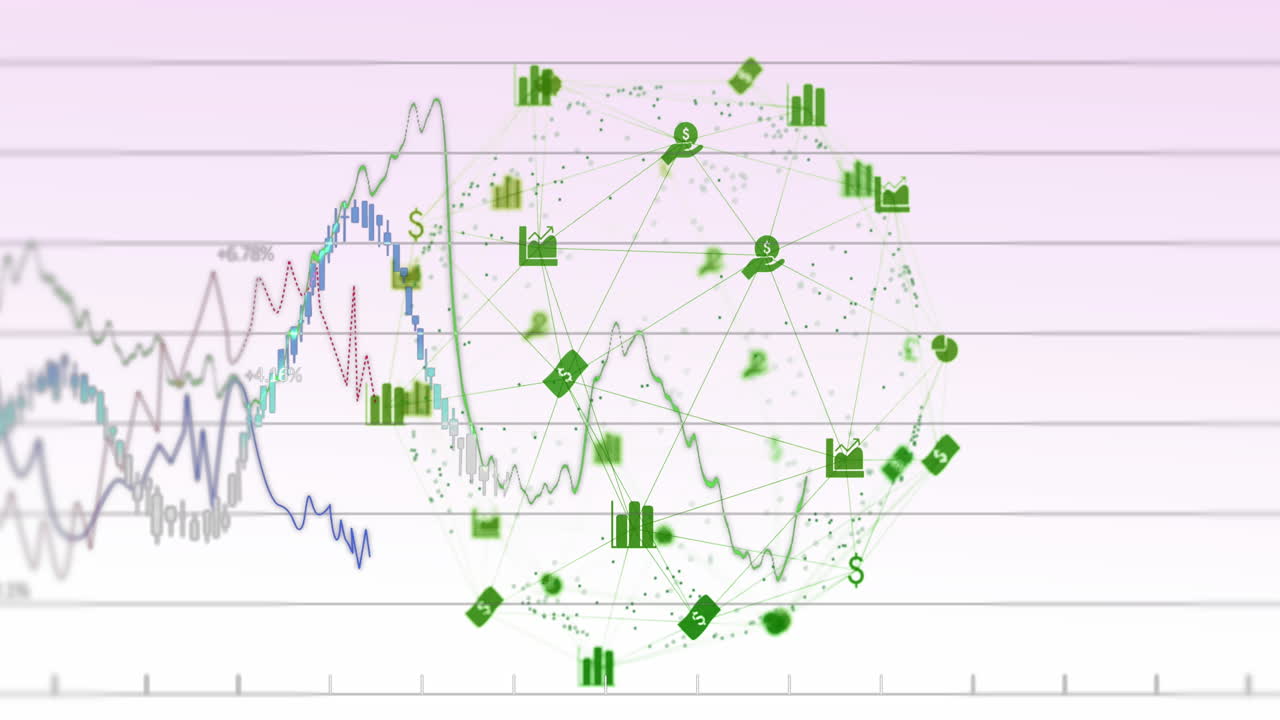 추상적인 배경에 여러 그래프를 가진 연결된 달러 기호와 그래프의 애니메이션