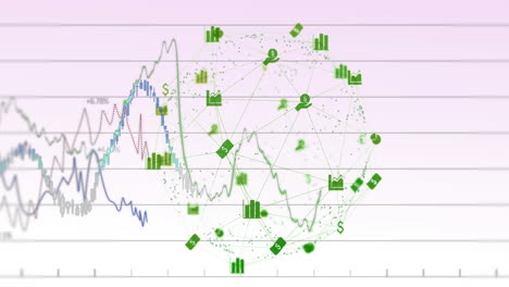 animación de signos de dólar conectados y gráficos con múltiples gráficos en fondo abstracto