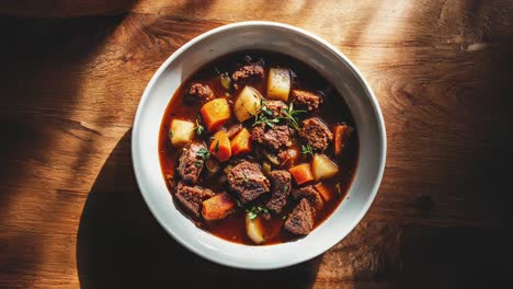 Rustic-Beef-Stew-with-Vegetables-in-White-Bowl-on-Wooden-Table