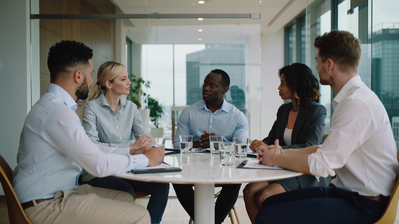 Femme blonde penchée entamant une discussion à une table ronde blanche, faisant valoir un point avec des notes, en tenue d'affaires