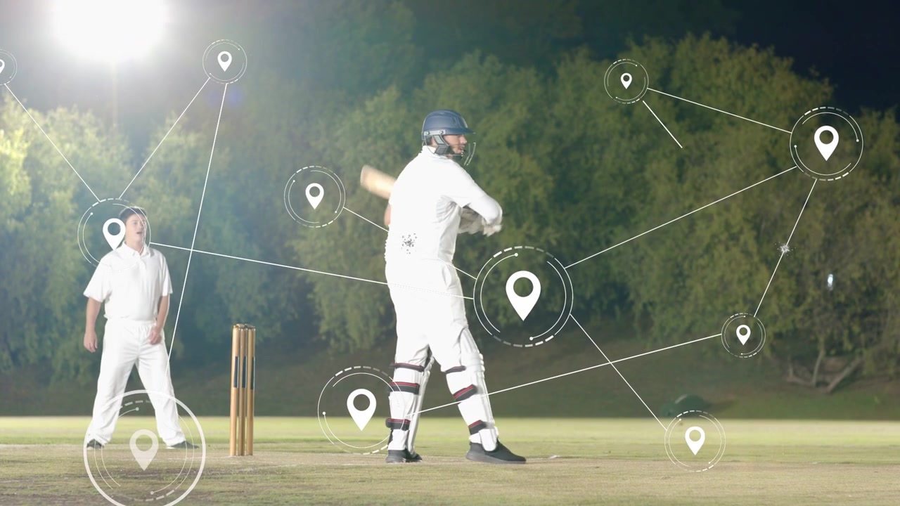 Cricketspiller skifter position, slår et slag under lys, HUD vises, sporer noder til statistik.