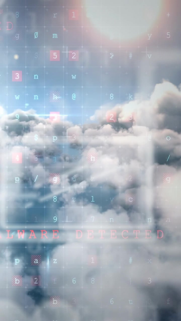 Vertikales Video: Kamera schwebt über Wolken, Glyphen pulsieren, Warntext erscheint, der Malware kennzeichnet