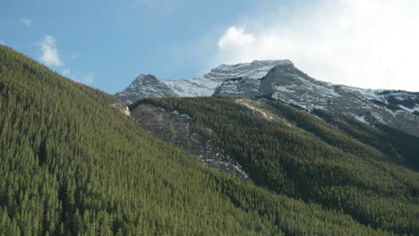 Drohnen-Luftaufnahme-Von-Wald-Und-Bergen,-Während-Sie-Von-Links-Nach-Rechts-Fliegt