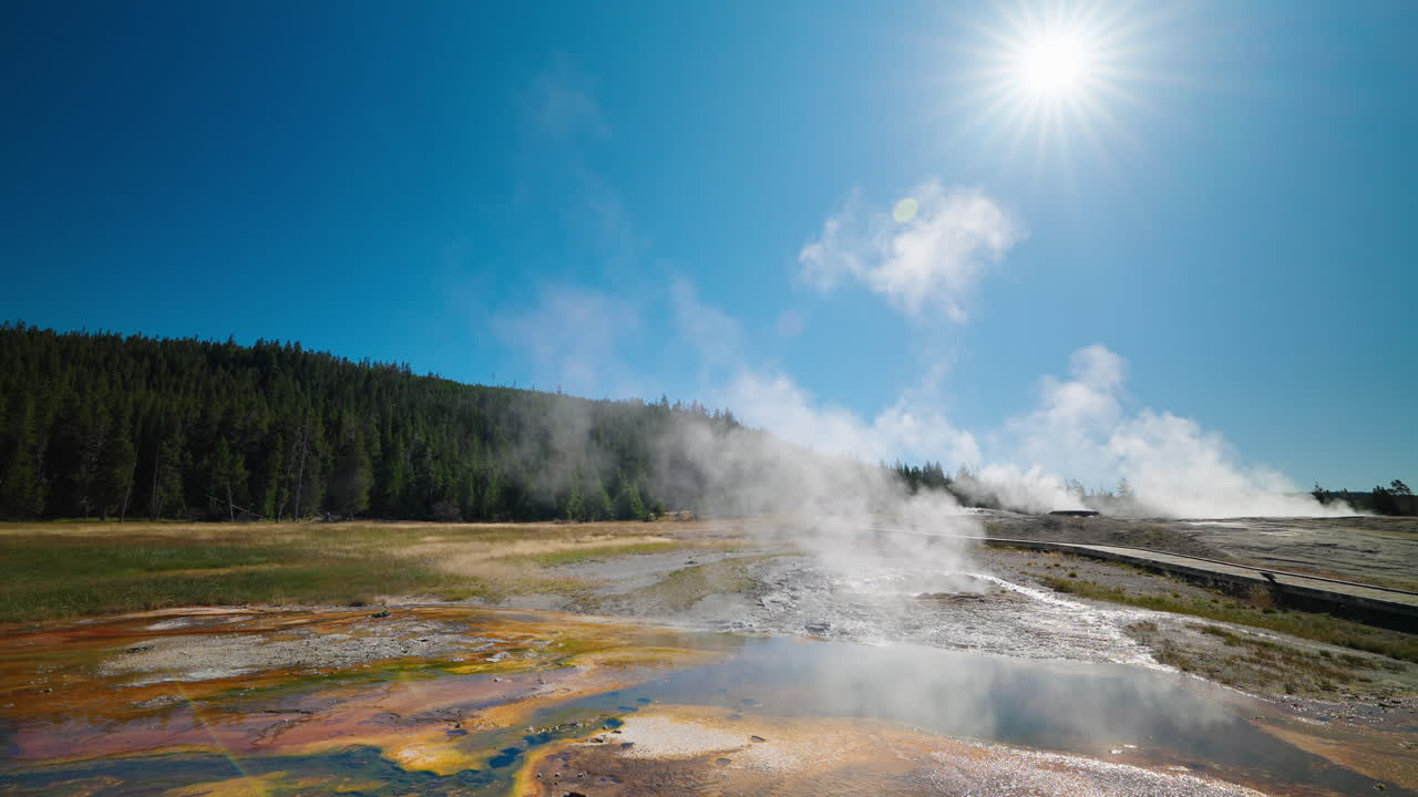 Vibrant Geothermal Landscape with Steaming Hot Springs in Yellowstone