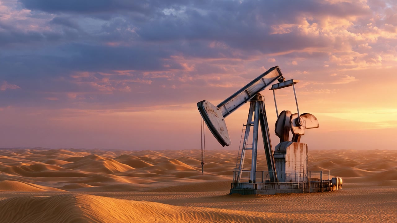 A solitary oil pumpjack stands prominently against a breathtaking desert sunset, capturing the stark contrast between nature's beauty and industrial progress in a stunning visual display.