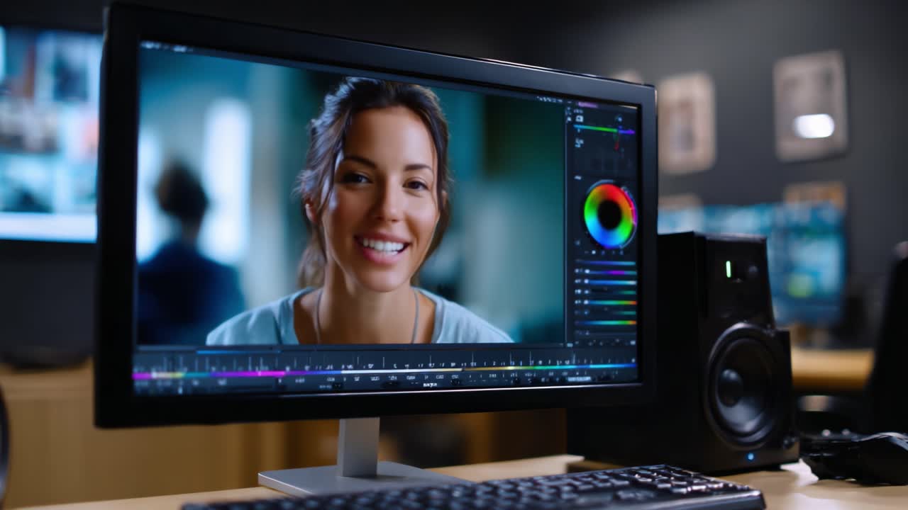 Engaged in Video Editing: A Woman's Journey of Creativity and Expression While Using Professional Software in a Modern Studio Environment