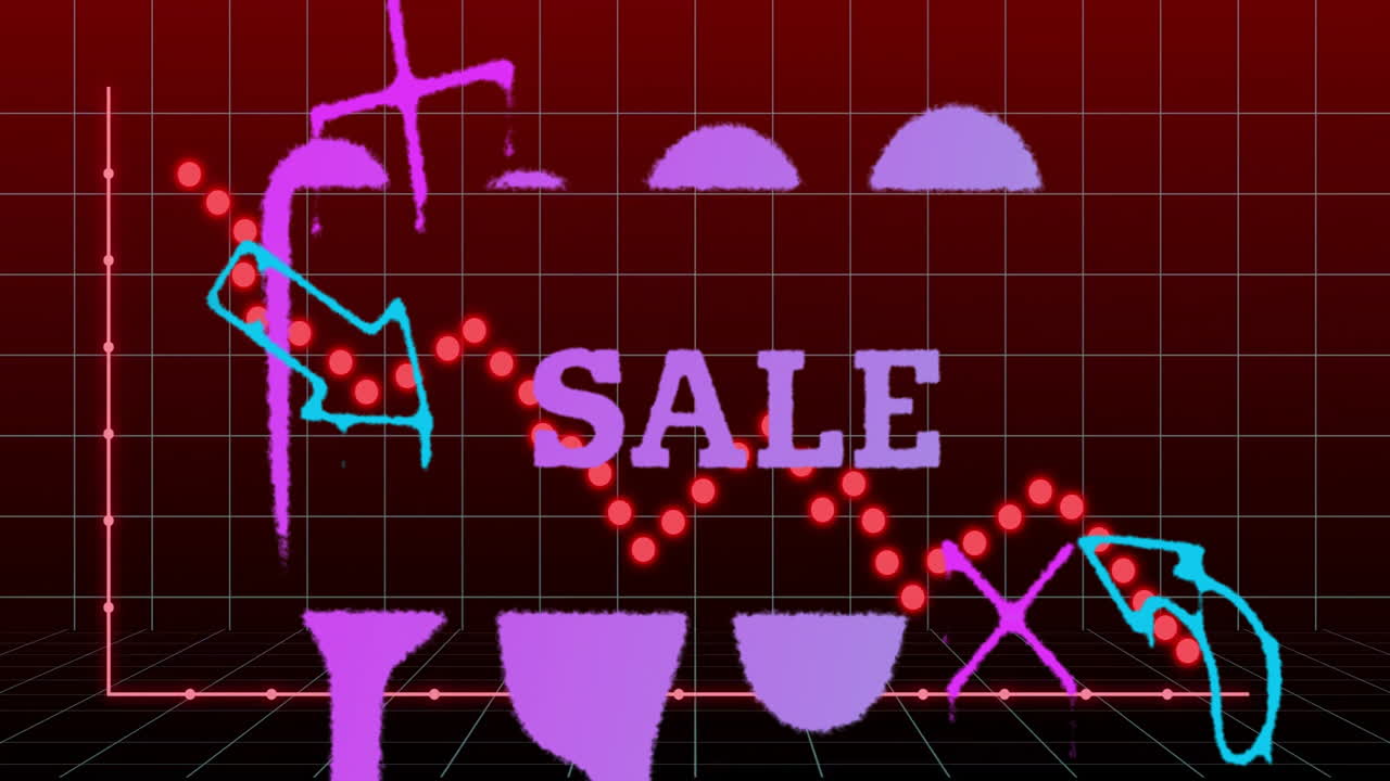 Neon graphics glowing on grid background in retro-style sale animation