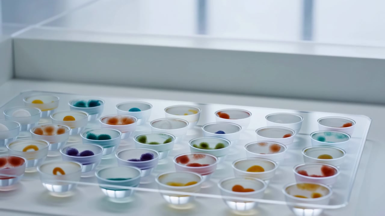 A clear plastic tray filled with many small round cups of colorful liquid samples rests on a white laboratory bench, with a bright window and clean minimal