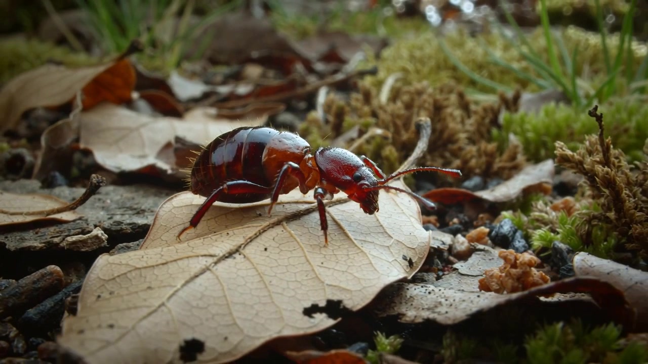 Entering left, reddish roach climbing pale dried leaf amid moss, antennae, mandibles probing food