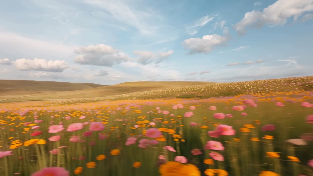 Pushing camera moving forward through wildflower meadow, revealing pink poppies and yellow blooms