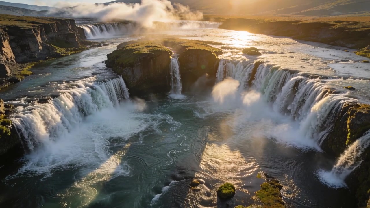Una cascata a ferro di cavallo che si riversa e scende su sporgenze in un canyon, alimentata da un fiume e creando nebbia illuminata dal sole.