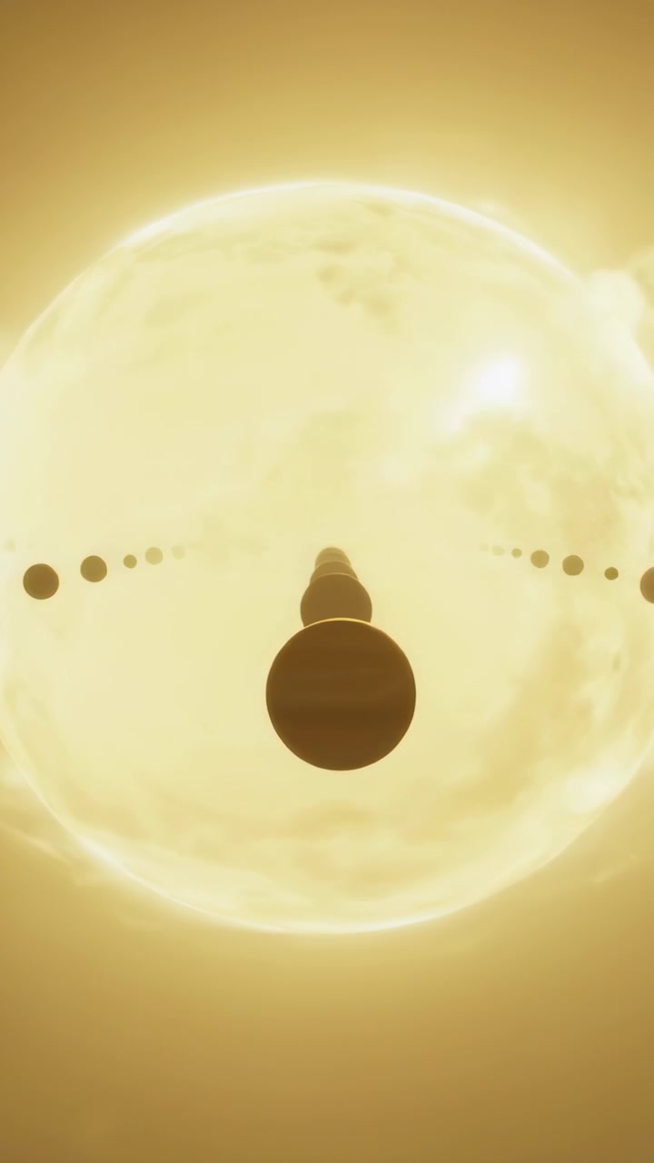 Vertical video: Camera traveling along chain of dark orbs toward bright star revealing halo flare