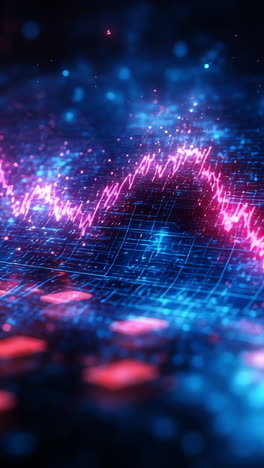 colorful digital waveform patterns. vibrant pink and blue lines form a pulsating digital waveform in a grid-like pattern, depicting data movement.