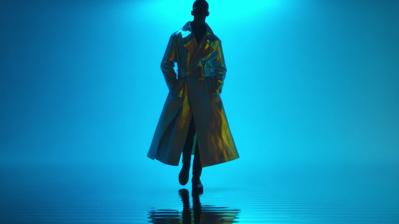 A striking figure in a reflective, metallic trench coat strides confidently through a mesmerizing blue-lit atmosphere, embodying elegance and charisma in a futuristic and artistic setting