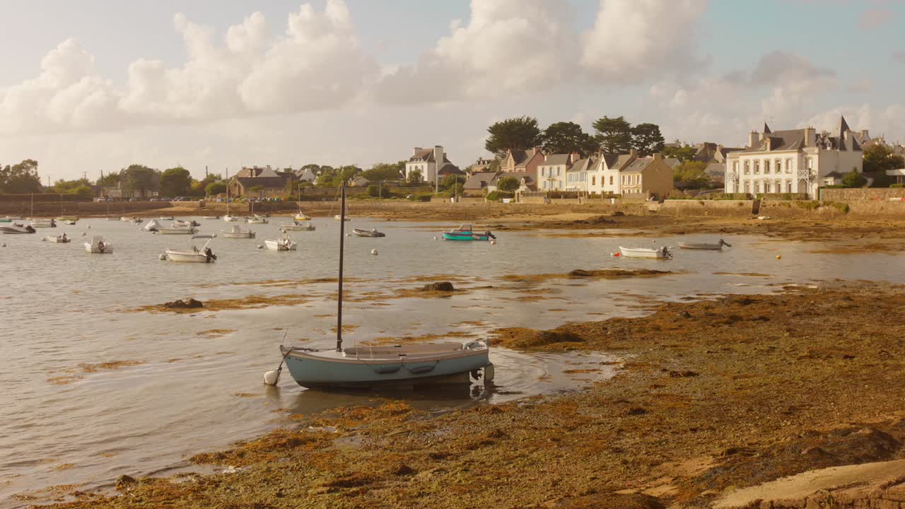 Anchored Boats At Port Lagaden In Larmor-Baden In The Morbihan Department Of Brittany, France. Static Shot