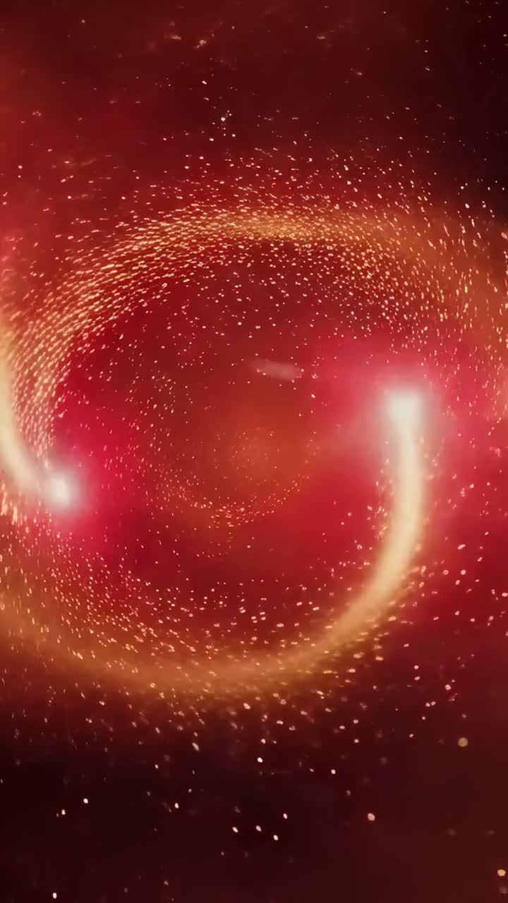Video verticale: polvere rotante che si evolve da vortice ad anello luminoso in una nebulosa rossa con 2 code di cometa