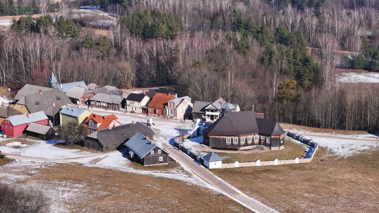 Beautiful historical township with wooden buildings, aerial view