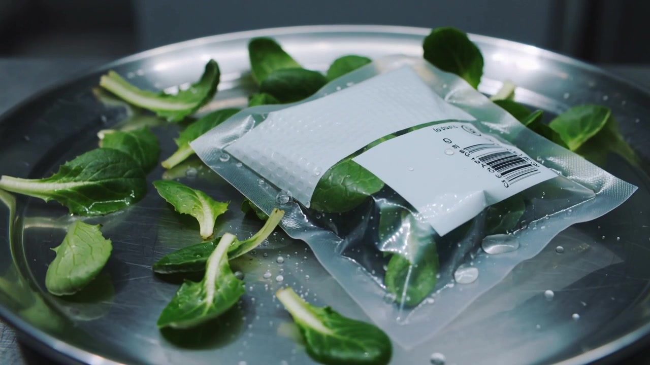 Shifting camera pushing vacuum-sealed pouch settling on steel tray, revealing barcode and droplets
