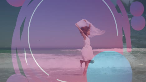 animation of colourful shapes over african american woman on beach