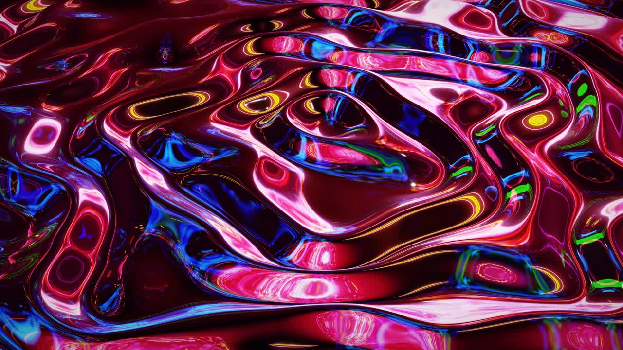 Looped abstract iridescent fluid background. Beautiful wavy glass surface of liquid with pattern, gradient color and flow waves on it. Creative bright bg with soft smooth animation.