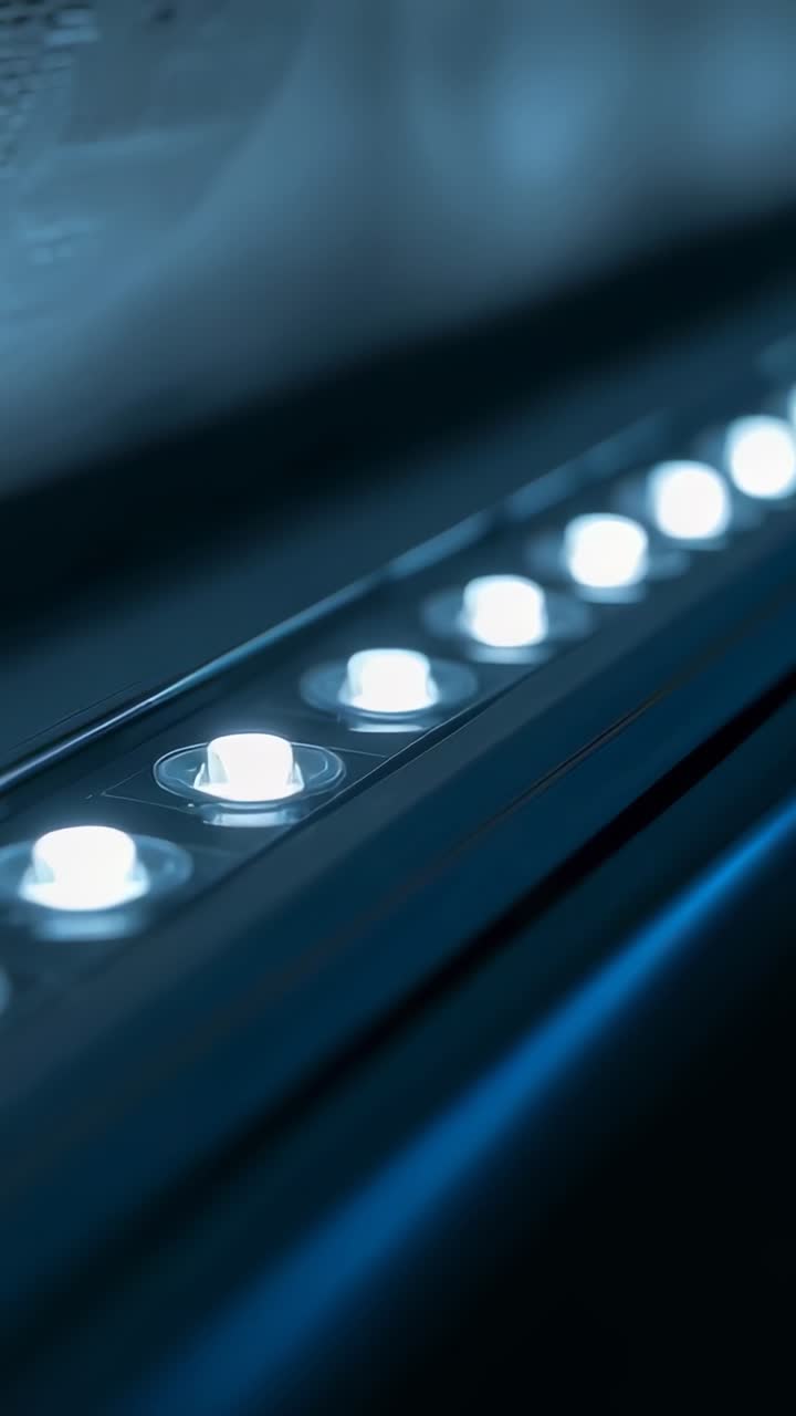 Camera panning along LED strip, revealing lenses and reflective rail for product lighting showcase