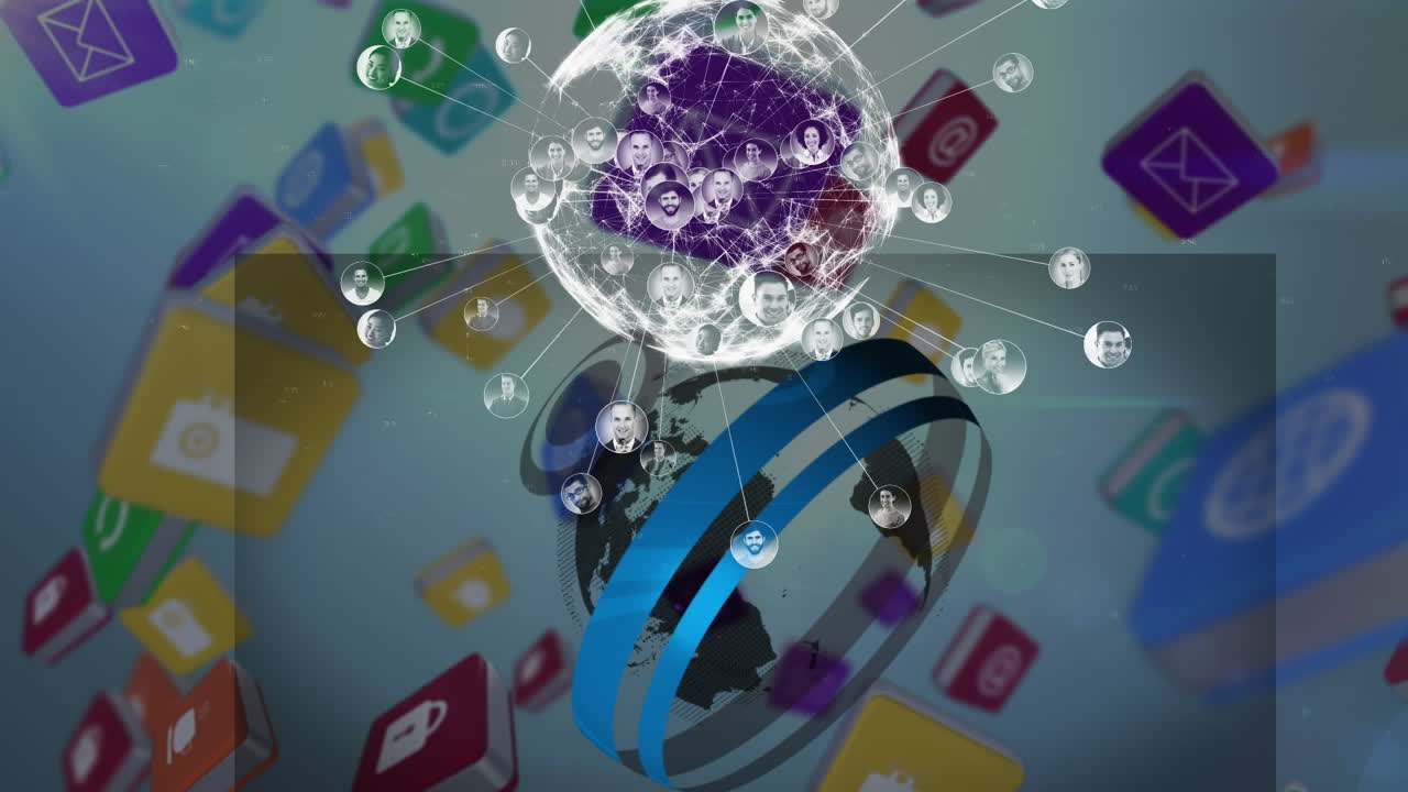 회색 배경에 전 세계에 걸쳐 떨어지는 소셜 미디어 아이콘의 애니메이션