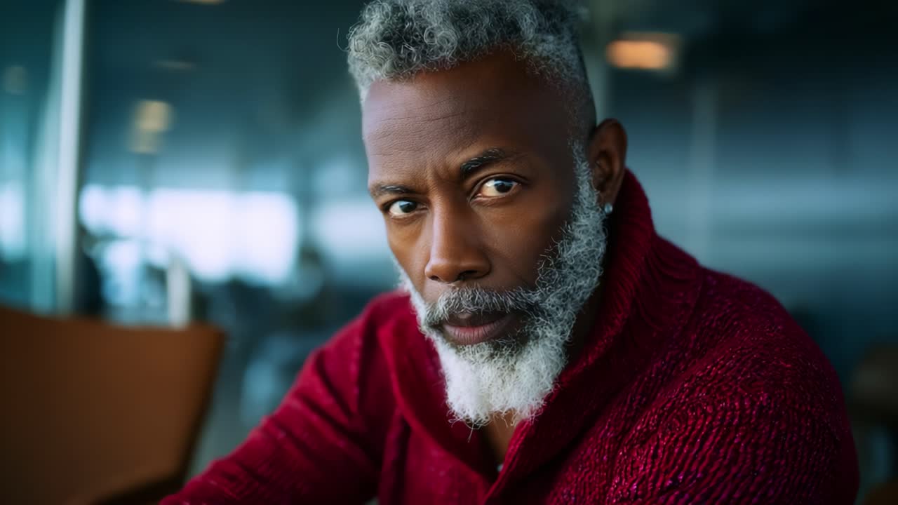 En eftertænksom mand med sølvfarvet hår og et skæg sidder og kigger eftertænksomt og intenst, mens han viser en smart rød sweater, der afspejler et øjebliks dyb eftertanke.