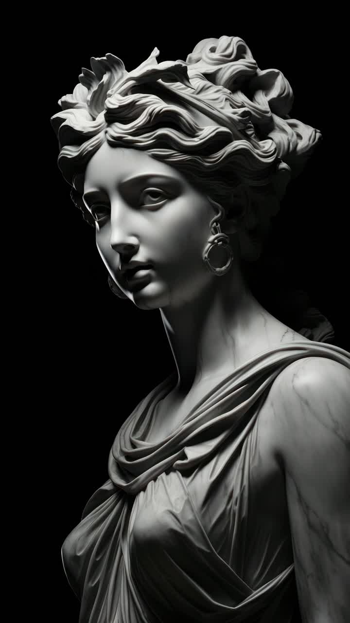 Elegant marble statue of a woman, captured in a dramatic side profile
