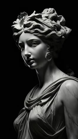 elegant marble statue of a woman, captured in a dramatic side profile