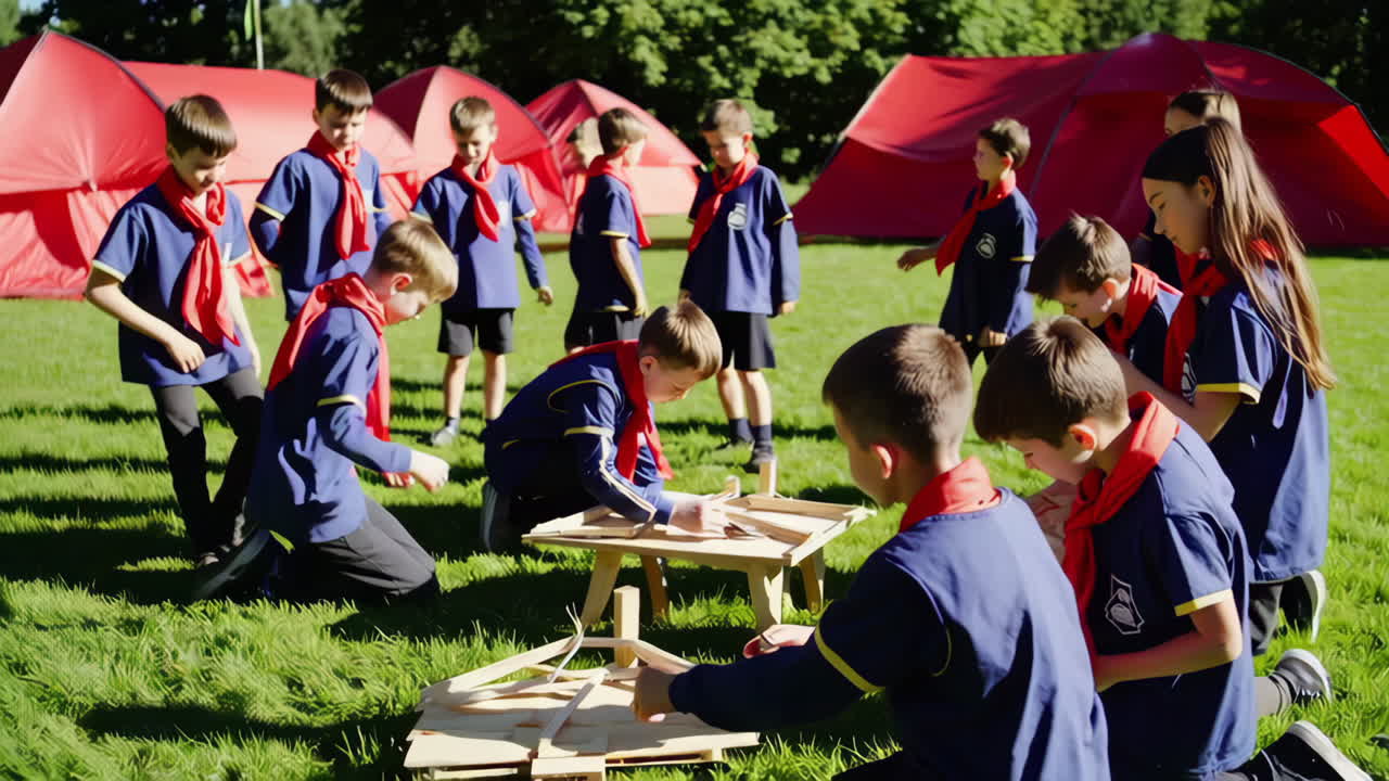 Children playing games at a camping trip
