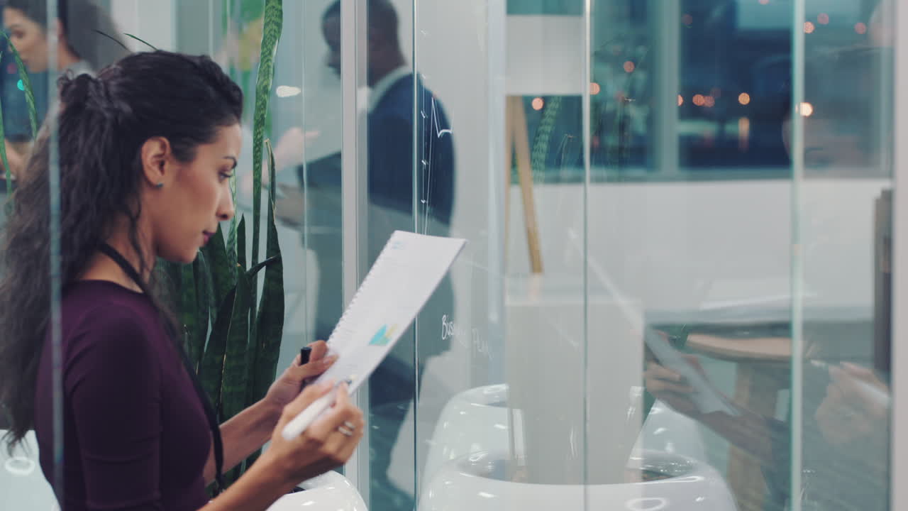 Startup, presentation and woman writing on glass