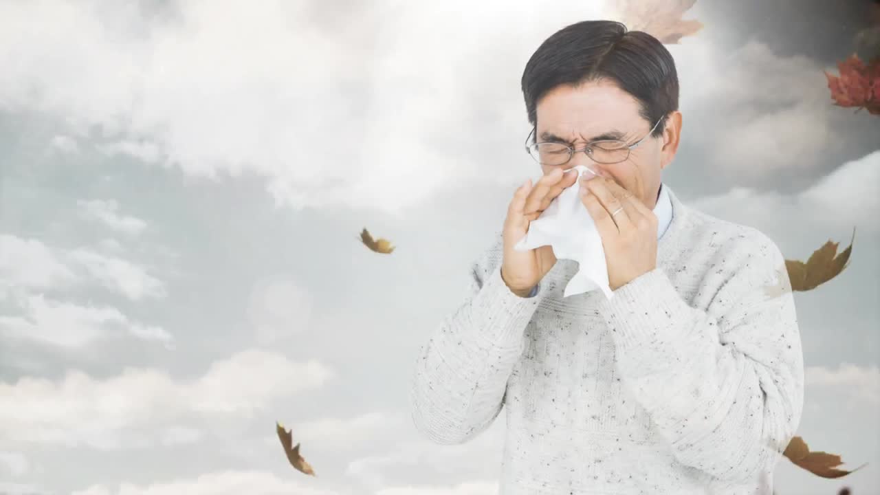 가을 잎이 떨어지고 알레르기가 있는 사람이 재채기 4k