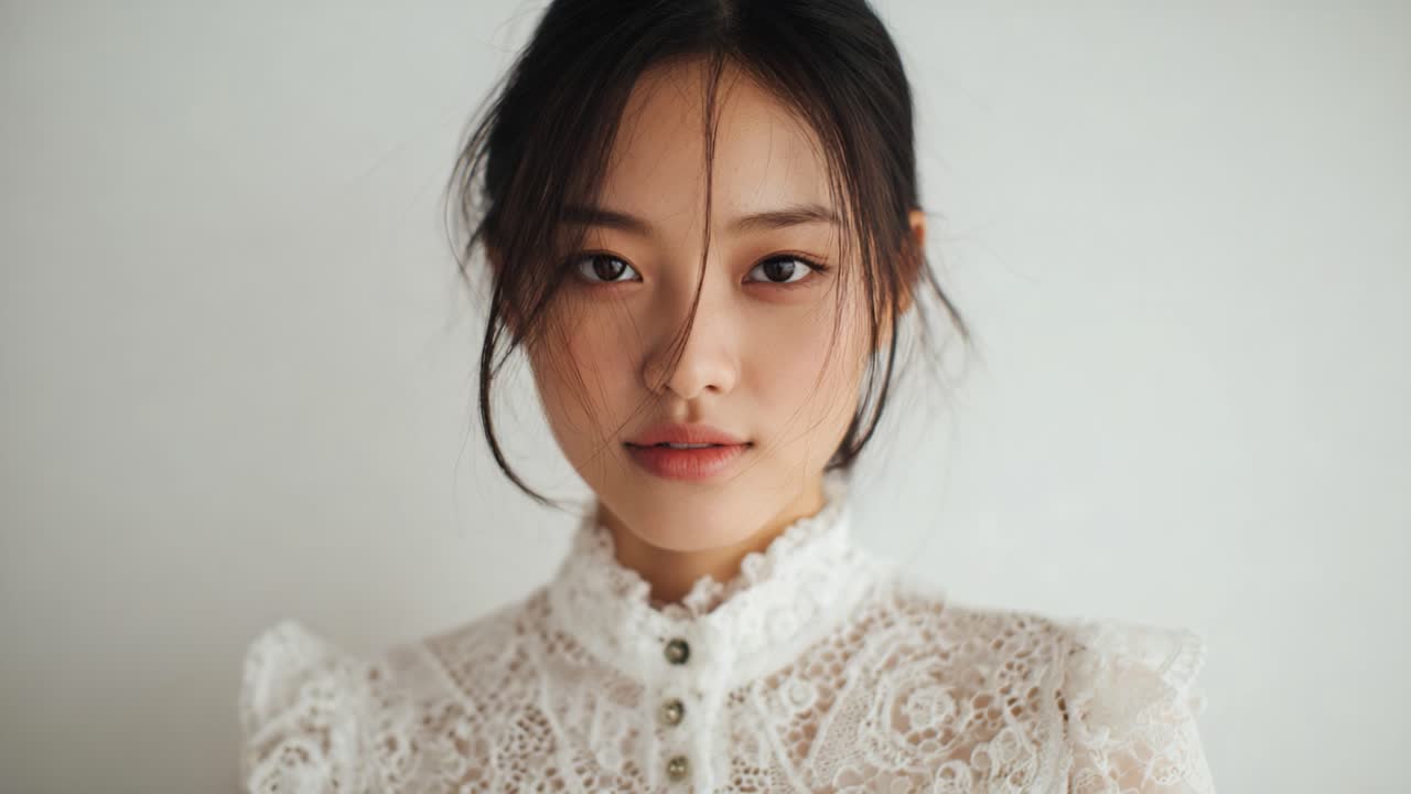 A Captivating Portrait Series Featuring a Young Woman in a Delicate Lace Dress, Showcasing Two Distinct Expressions and Angles Against a Soft Background