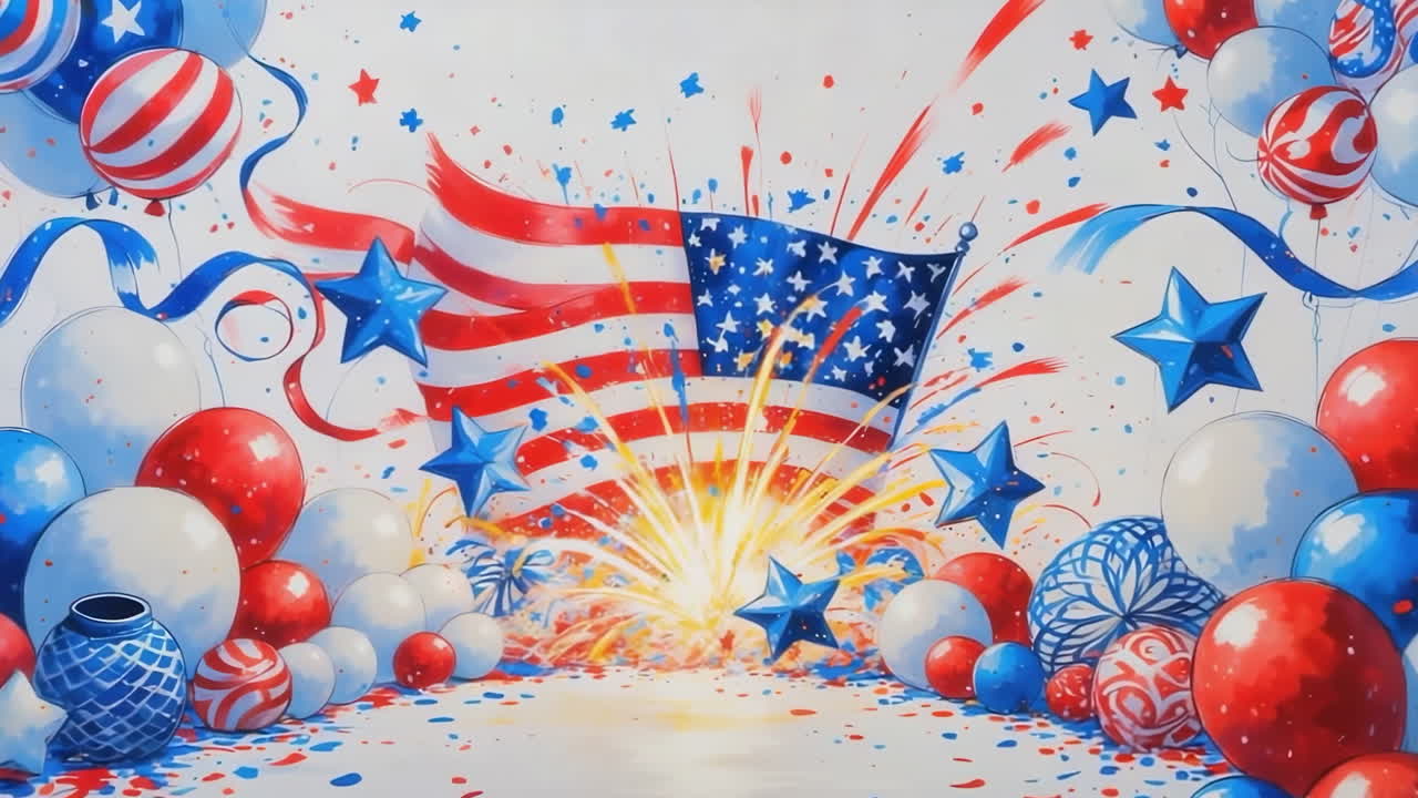 Festive American Flag Celebration with Fireworks and Balloons