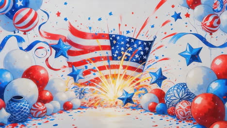 festive american flag celebration with fireworks and balloons