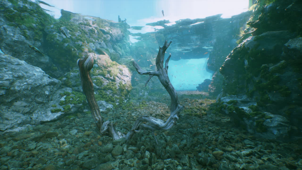 은 물, 빛이 반이는 강이나 호수의 수중 풍경, 바닥에 떠다니는 나무 어리