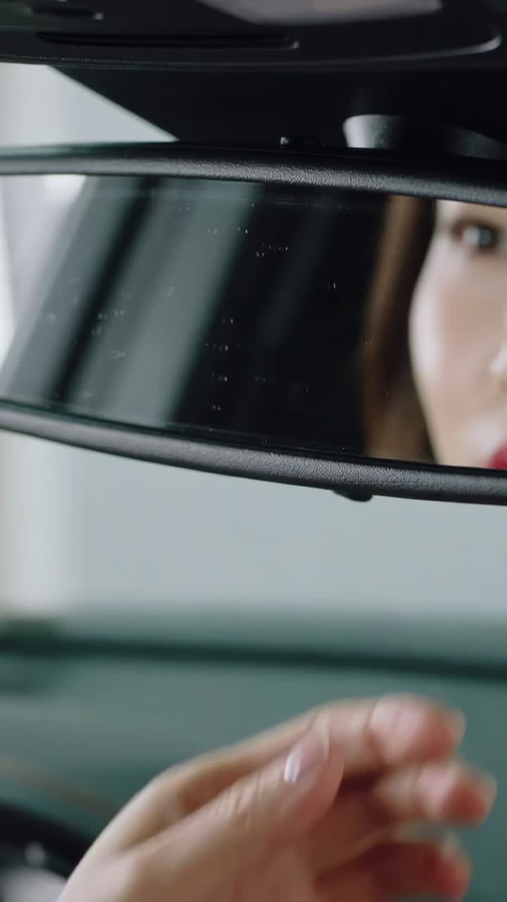 Vídeo vertical: Close-up de mulher ajustando o espelho retrovisor no carro antes de dirigir, com unhas bem cuidadas