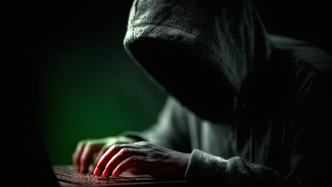 A shadowy figure focused intently on a laptop, illuminated only by the glow of the keys, embodies the essence of mystery and digital intrigue in a world of cyber exploration