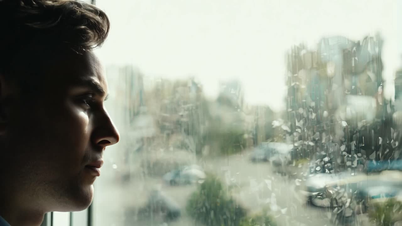 창밖에서 도시를 바라보는 남자