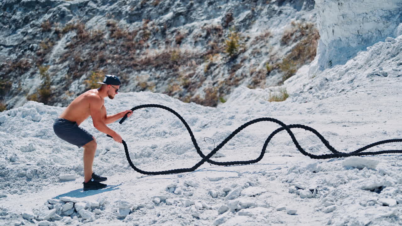 Side view on bodybuilder training with battling ropes outdoors. Handsome athlete quickly moves his hands with cables on the mountain background.