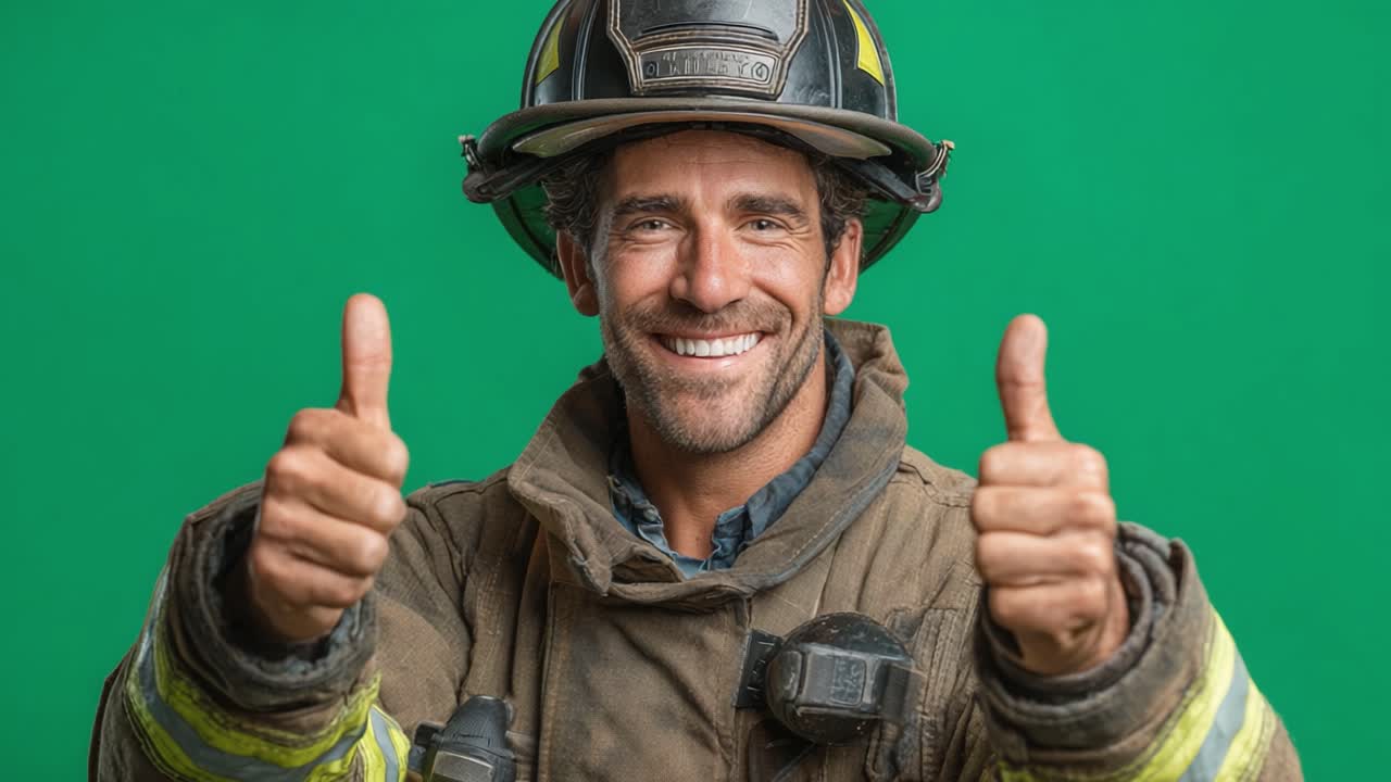 A Confident Firefighter Displays Positivity and Team Spirit with Two Thumbs Up: Capturing the Essence of Courage and Dedication in Emergency Services
