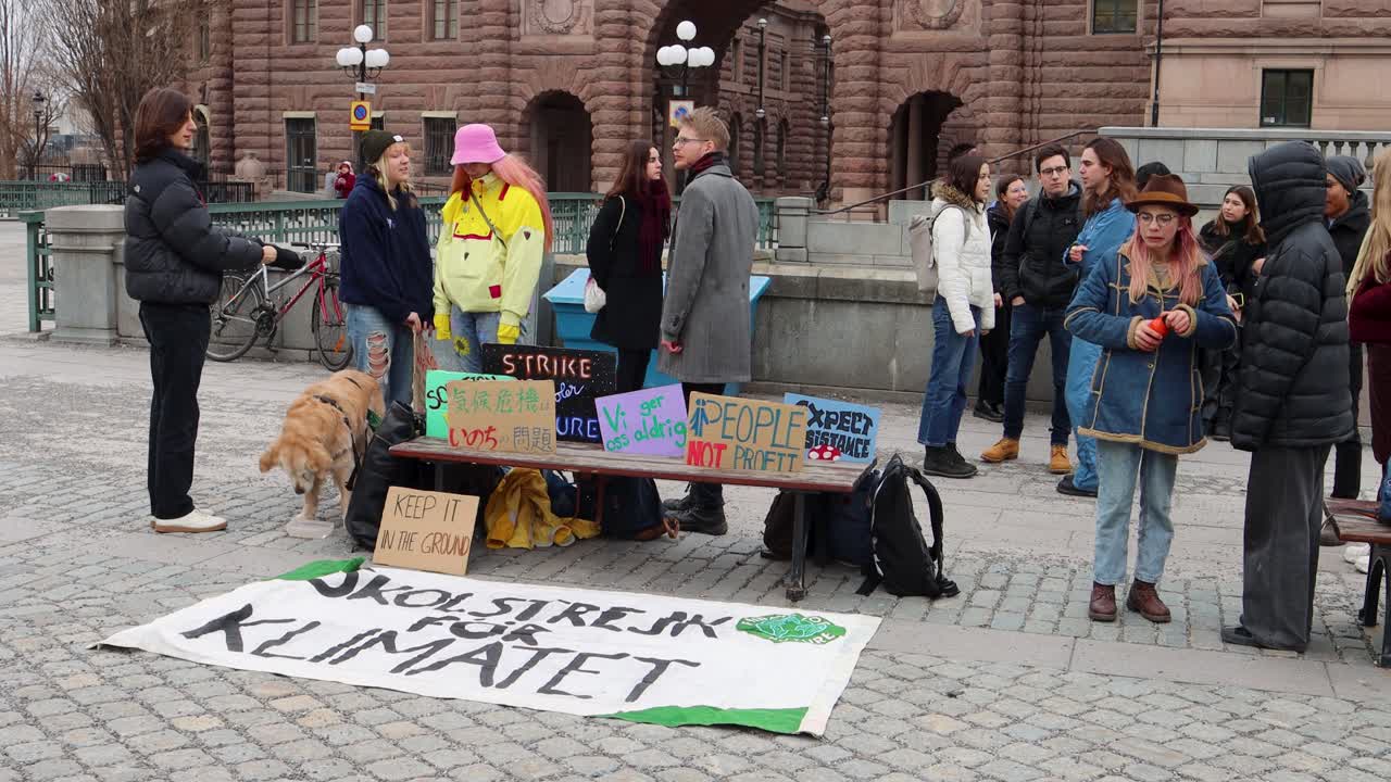 Fridays for Future Climate Advocates Organize School Strike Outside Swedish Parliament in Stockholm, Sweden - Static Shot