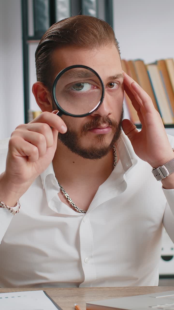 Business man holding magnifying glass near face looking with big zoomed eye searching analysing