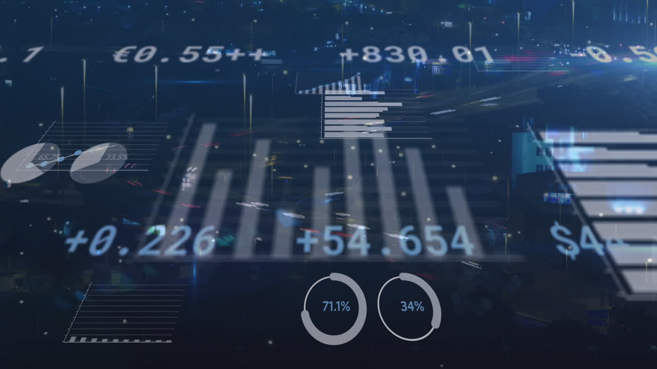 animación de estadísticas y procesamiento de números sobre el paisaje urbano