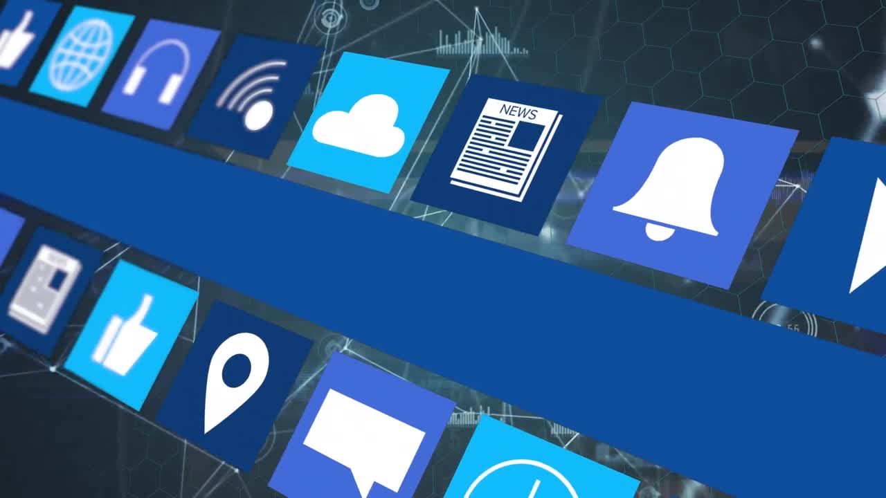 animación de iconos con procesamiento de datos y red de conexiones en fondo negro.